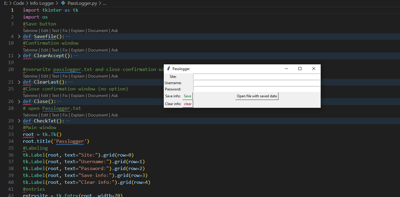 Image of Info/Password Logger Using Tkinter, I created an application that would save my username and password for a website into an encrypted file that only this application can open and read from.